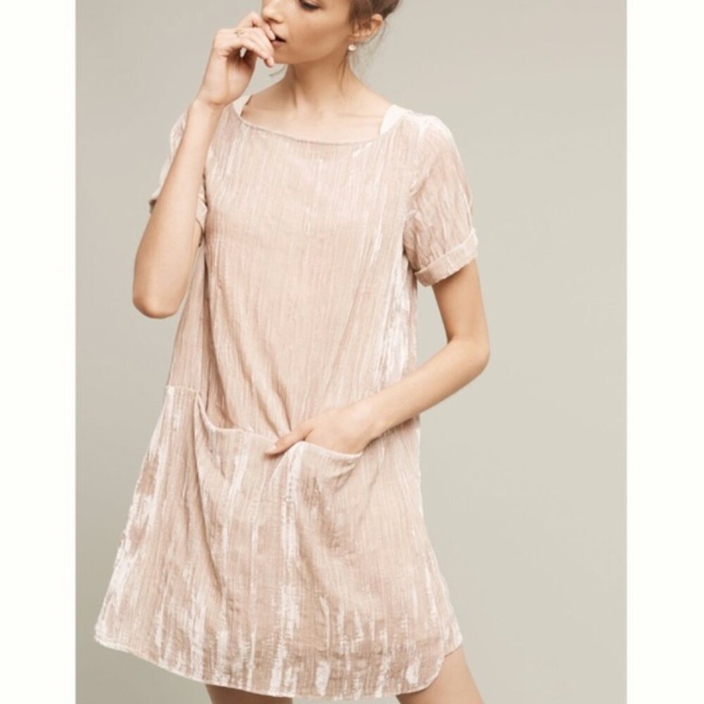 Anthropologie Floreat Crushed Velvet shift Dress Champagne Feminine Twee Size M